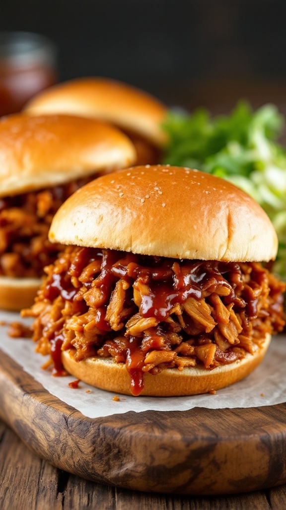 Vegan jackfruit pulled pork sandwiches with barbecue sauce and coleslaw on a wooden platter.